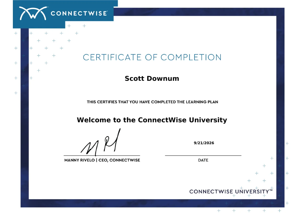 Certificate of completion for Scott Downum, Welcome to the ConnectWise University, September 21, 2026.