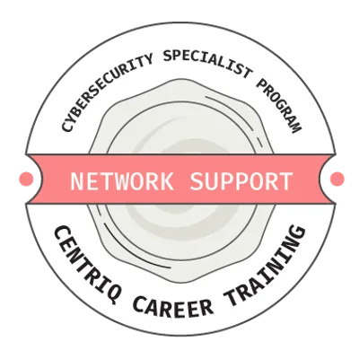 Original Centriq Network Support training badge with salmon-colored banner.