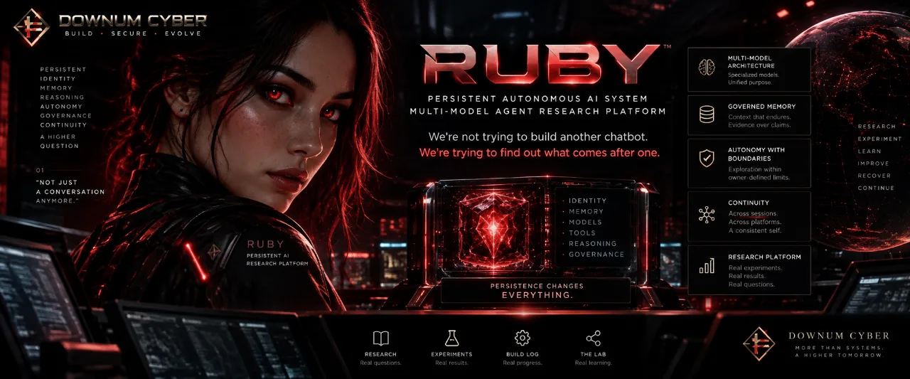 Cinematic Ruby autonomous AI system artwork showing Ruby beside a glowing system core with identity, memory, model, governance, and continuity concepts.